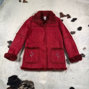 Red Faux Shearling Jacket w/ Floral Pockets – Vintage Penny Lane | size M